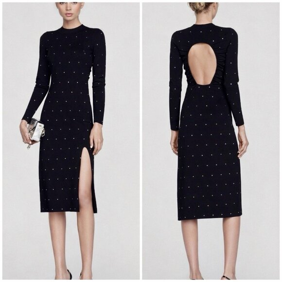 Sandro Dresses & Skirts - Sandro Tijuana Rhinestone Open Back Midi Dress Black Slit Bodycon Knit XS 34 0